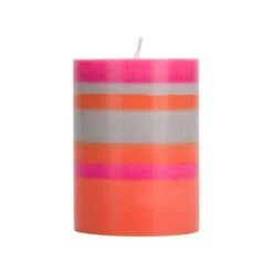 Striped Pillar Candle, Orange & Pink, 10cm