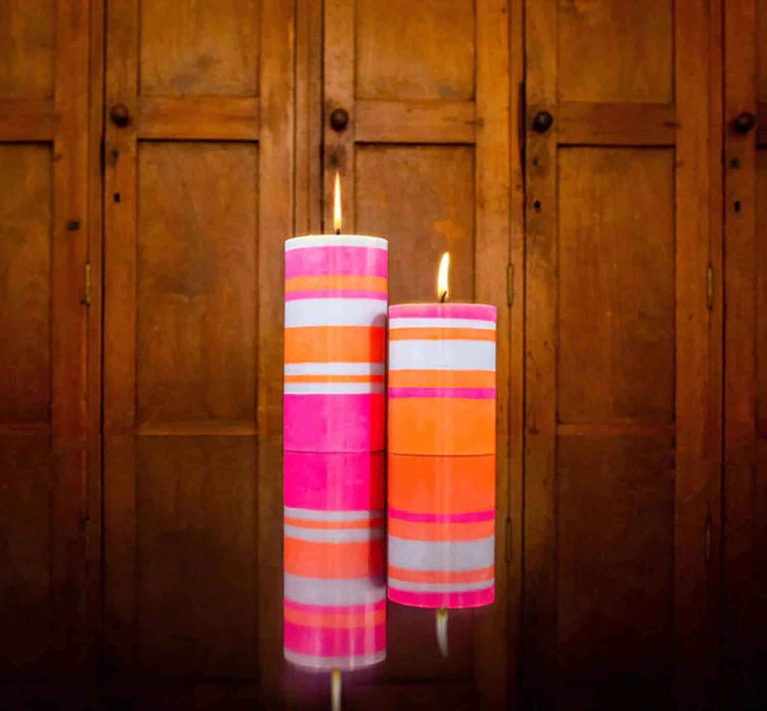 Striped Pillar Candle, Orange & Pink, 10cm 2 Striped Pillar Candle, Orange & Pink, 10cm - Image 2