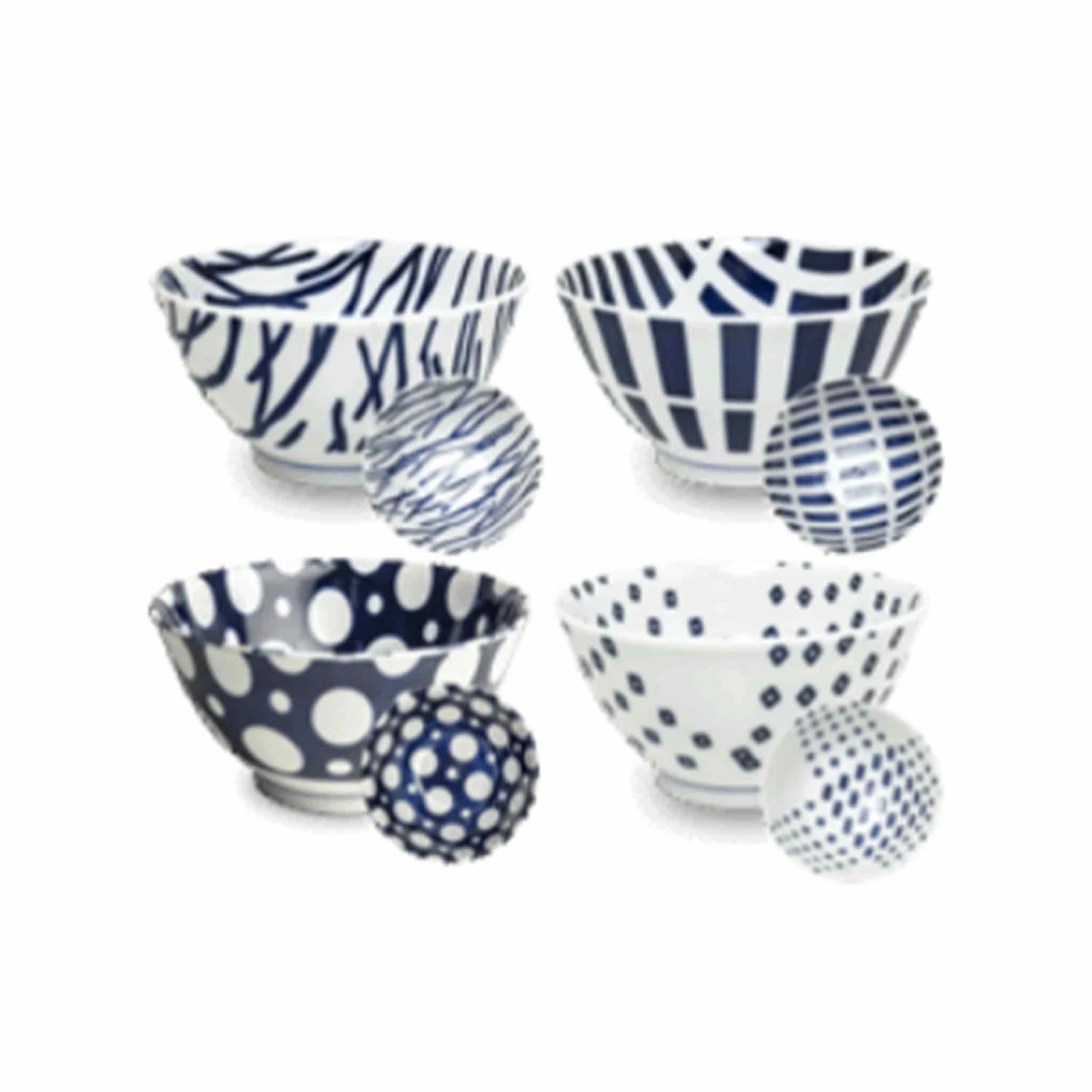 Set Of 4 Assorted Blue Japanese Rice Bowls, 19.5cm 1 Set Of 4 Assorted Blue Japanese Rice Bowls, 19.5cm