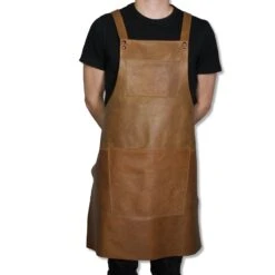 Dutchdeluxes Leather Suspender Apron In Vintage Camel -De Buyer Store dutch deluxes suspender leather apron vintage caramel male model